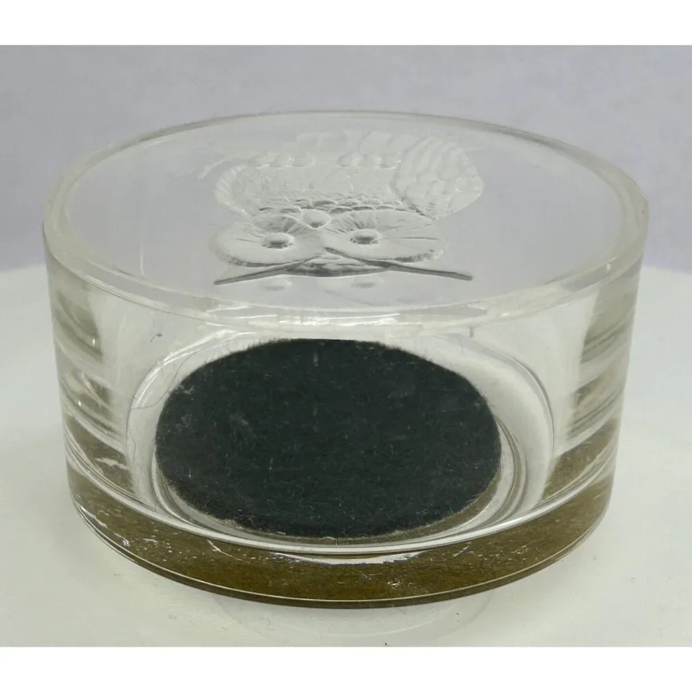 Trinket Jewelry Box Etched Owl Design Lid Round Clear & Black Vintage Look Retro
